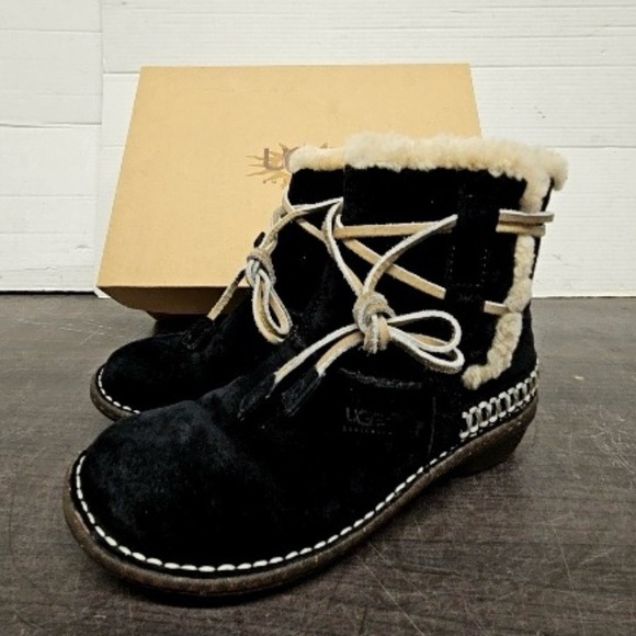 UGG Black Cove Suede Ankle Booties with Shearling Trim - Picture 2 of 7